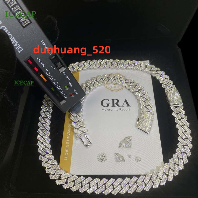 15mm 3rows Vvs Moissanite Miami Cuban Chain Pass Diamond Test 925 Sterling Silver Bracelet White Gold Cuban Link Chain Necklaces