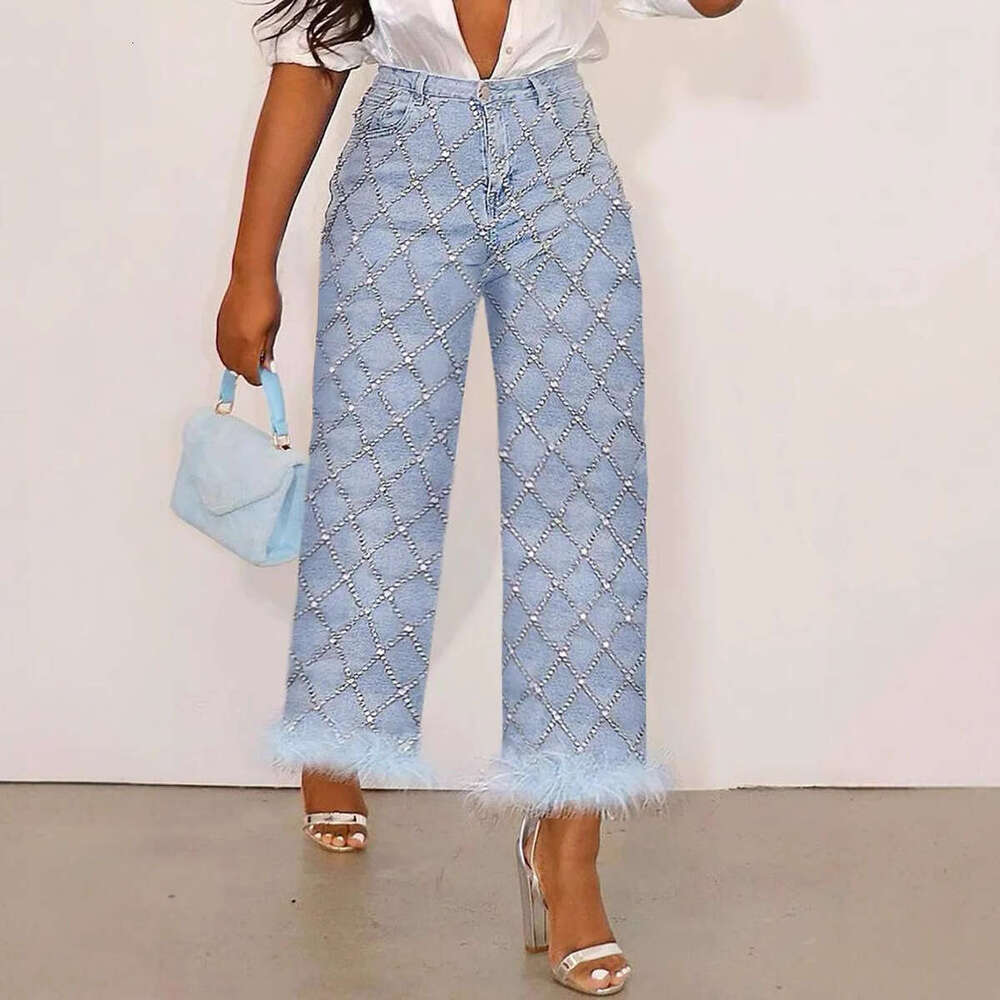 Women's Wear Fashionable Women's Jeans Plus Daily Light Blue High Waist Diamond Straight Leg Feather Denim Ankle Pants