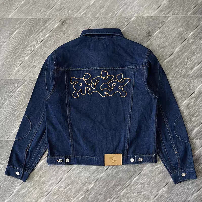 blue embroidered denim jacket and pants set casual oversized streetwear trend matching track 250401