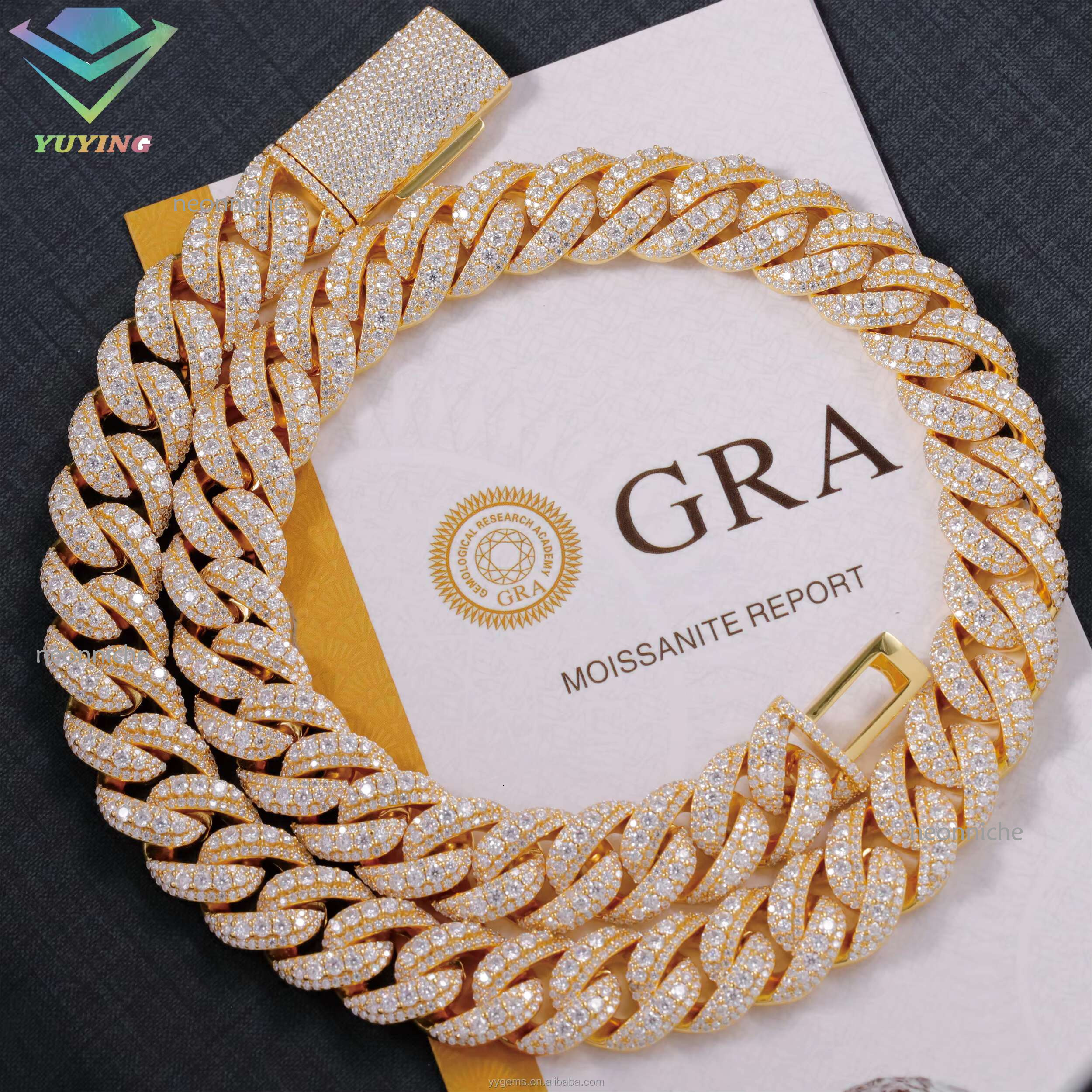 Pass Tester 14/16/18MM Width S Solid Gold Plated Iced Out Moissanite Dia Cuban k Chain Necklace