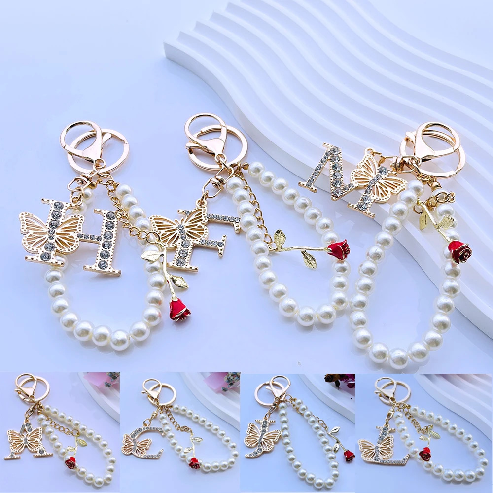 Exquisite Initial A-Z 26 Butterfly Capital Letters Red Rose Keyring Crystal Resin Pearl Beaded Keychain Bag Pendant Women Gift 251110