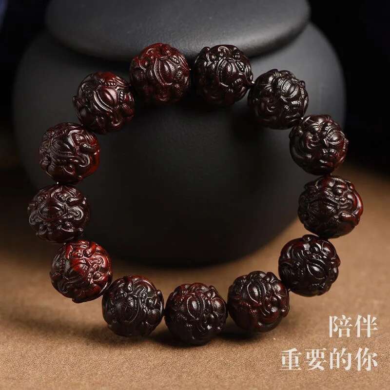 Premium Small Leaf Indian Rosewood u Bracelet Wealth-Attracting Carved Men and Women Red Wood Buddha Beads Good Luck