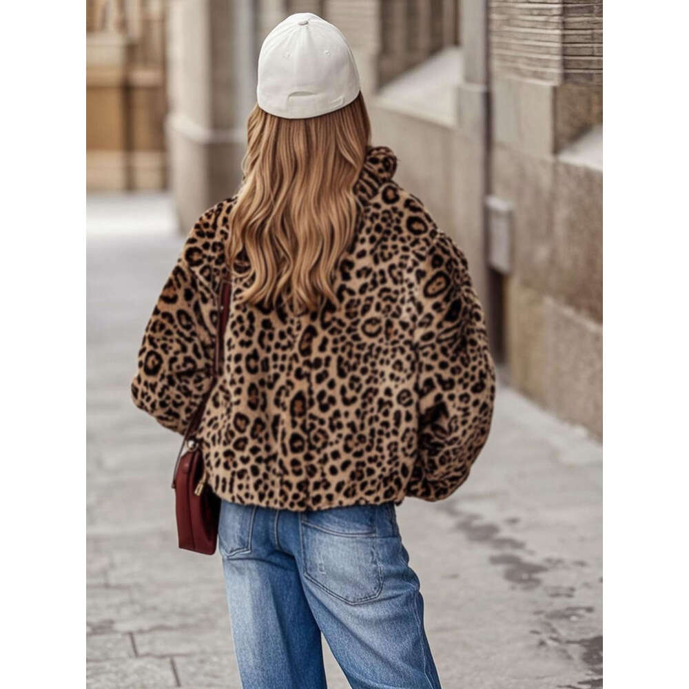 Women's - Long Sleeve Non-Stretch Elegant Zipper Closure Coat Everyday & Events, All-Season Chic Outerwear For Women, Leopard Print Jacket, Forma