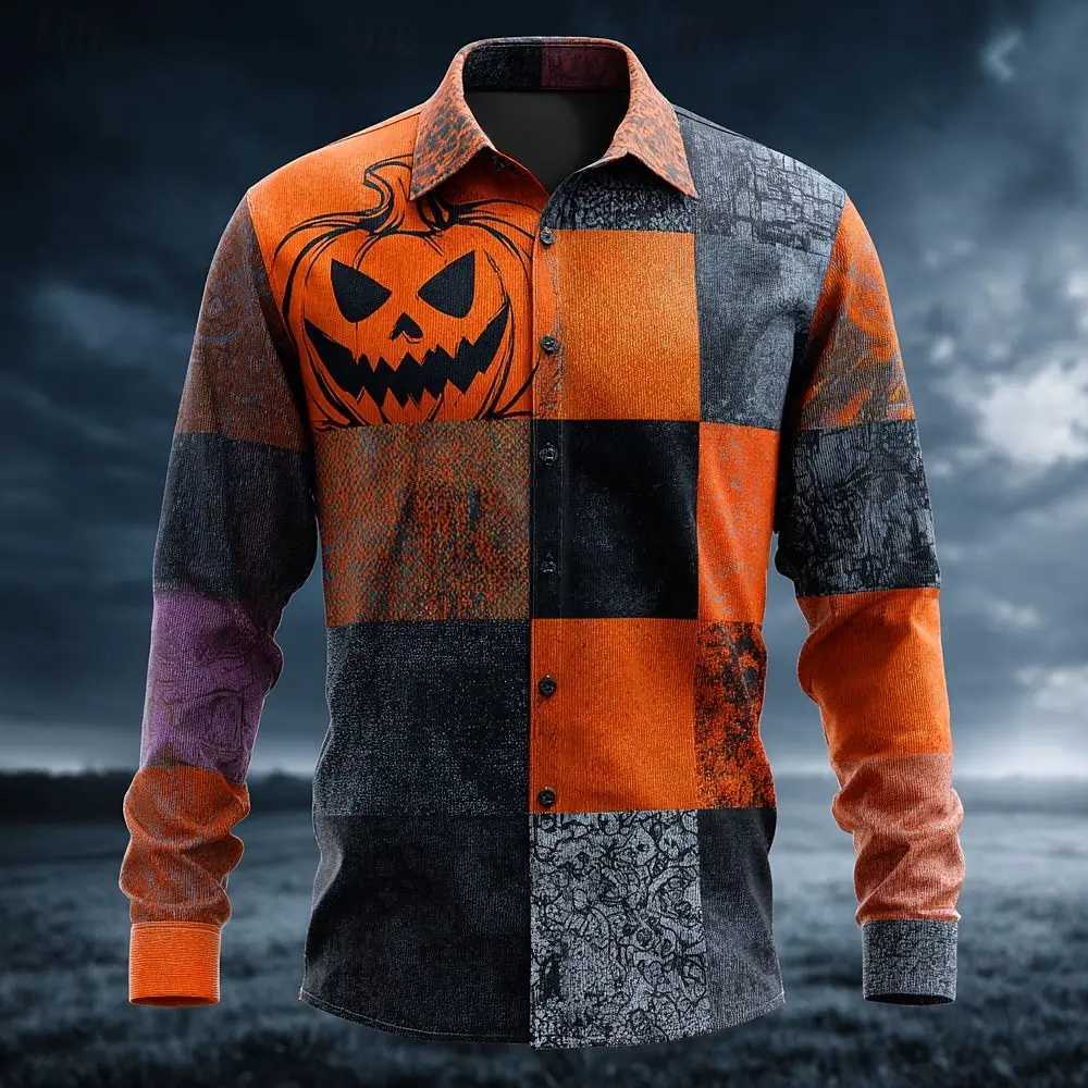 Halloween Costumes Mens Color Block Pumpkin Patchwork Shirt Button Up Shirt Long Sleeve Casual Outdoor 3D Print Collared Shirt K251110