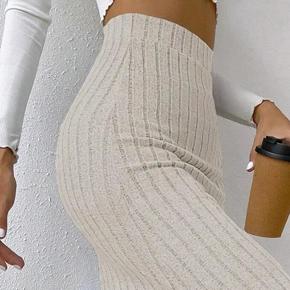 Winter knitted high waist thick elastic ankle length striped ultrathin split hem womens long skirt 250407