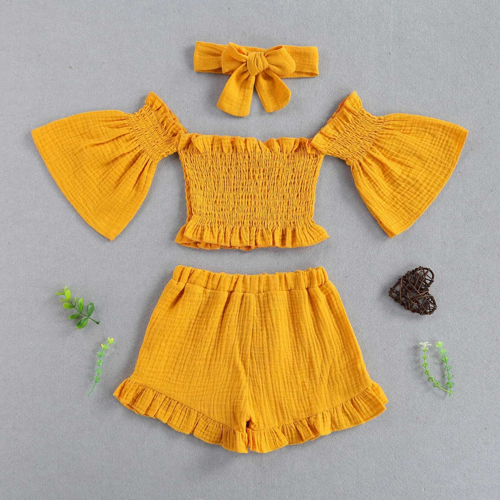 3 baby solid color sets baby girl shoulder flap sleeves boat neck top+pleated shorts+bow headband 1-6TXJ250410