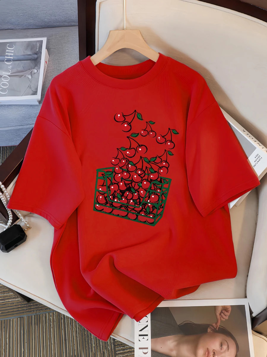 A Basket Of Cherries Printing Female Tee Shirt Breathable Casual T-Shirts Summer Short Sleeve Soft Loose Streetwear Women 250410