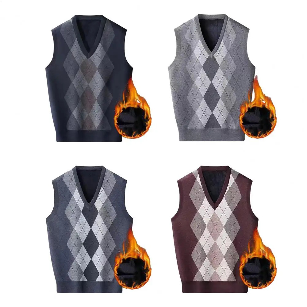 Autumn and winter mens sweater vest with diamond print Vneck sleeveless top color matching decal knit zipper clothing 250411Z