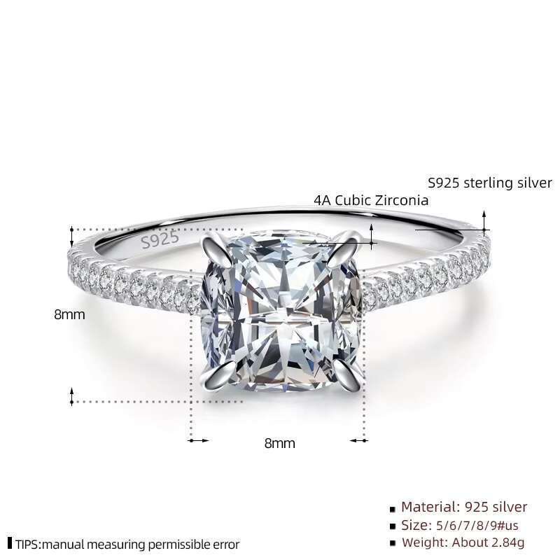 Luxury 925 Sterling Silver Wedding Rings for Women Cushion Cut Wedding Ring Simulated Diamond Engagement