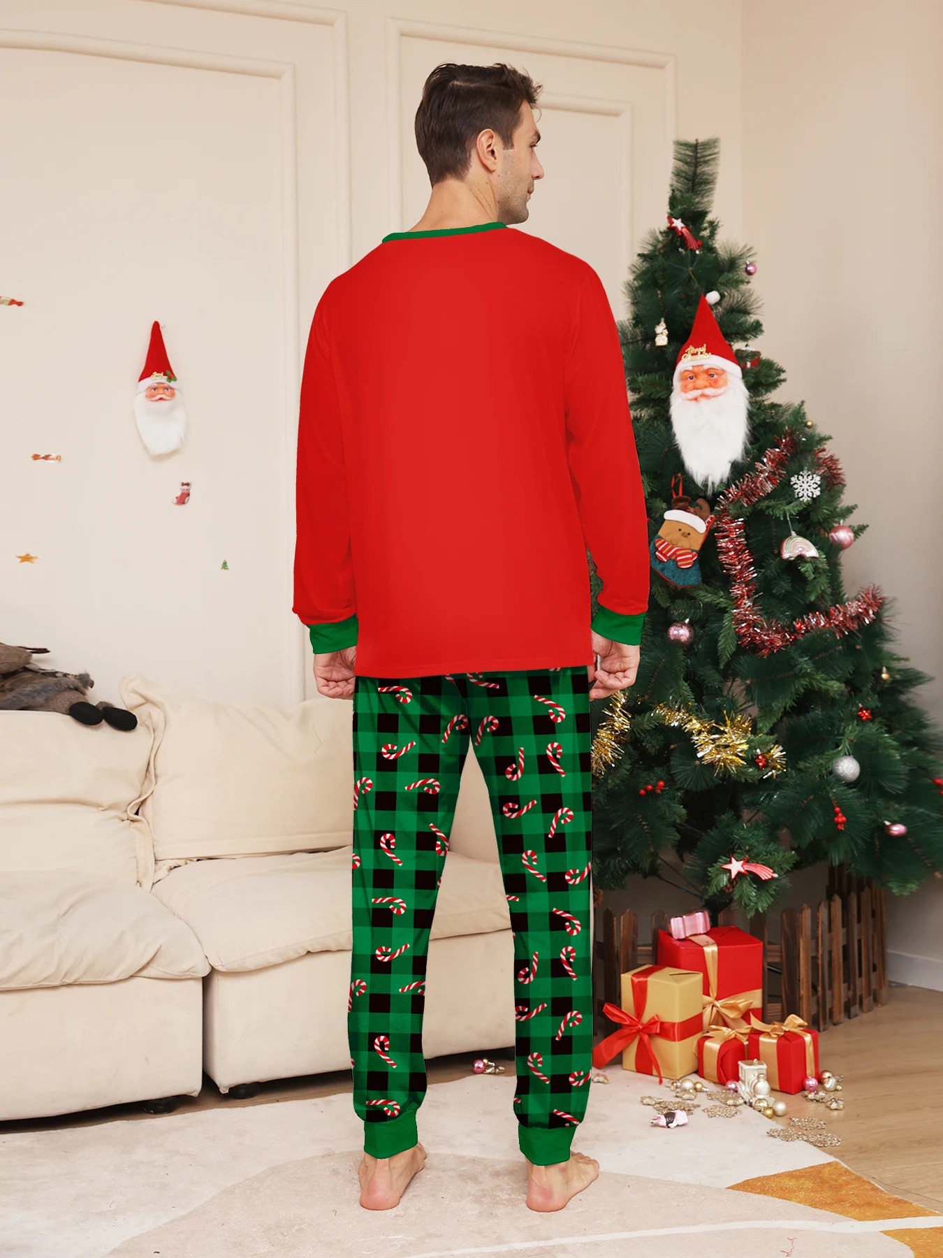 Merry Christmas Couple Matching Pajamas Candy Cane Green Black Plaid Long Sleeve Sleepwear 251106