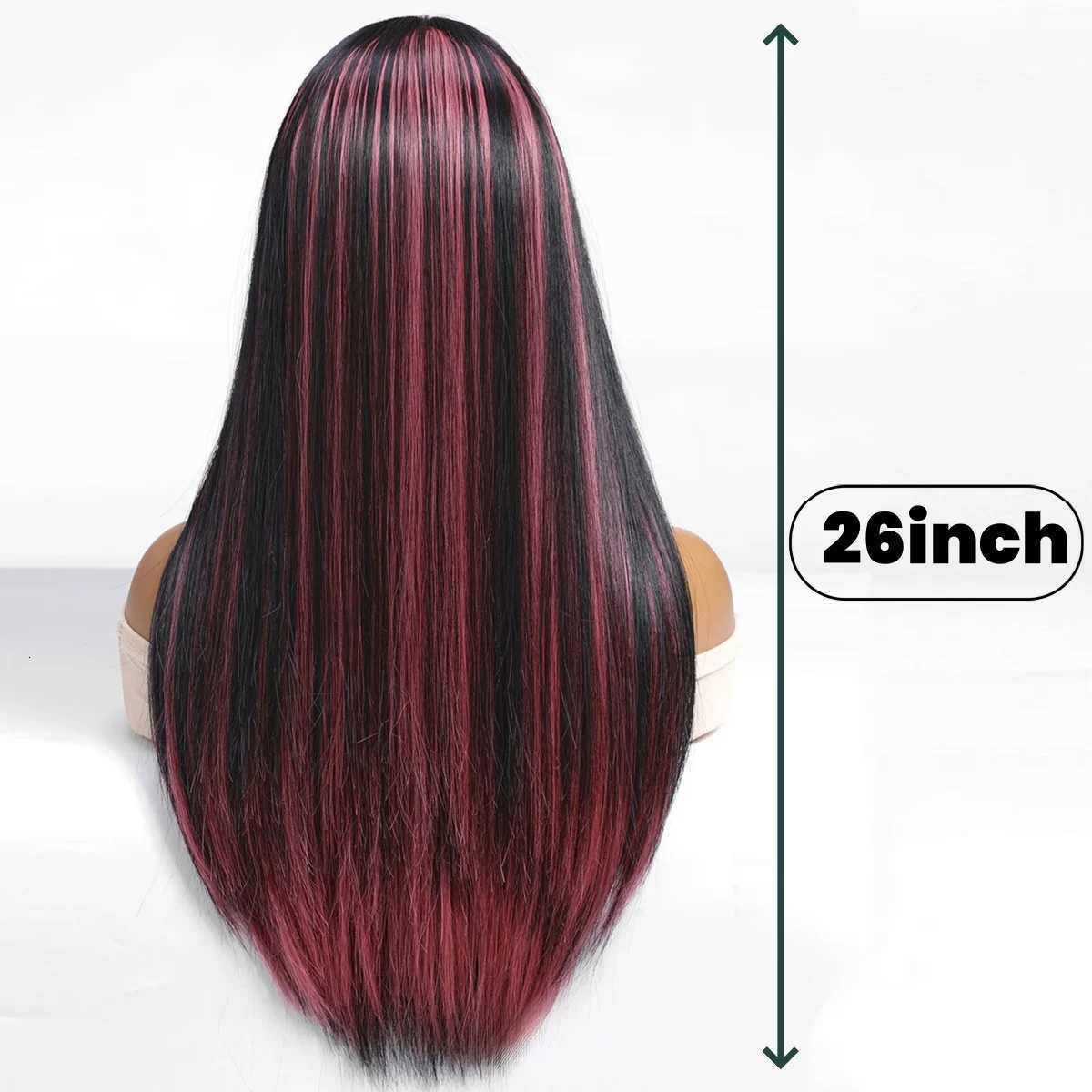 Black Highlight Pink Synthetic Wig with Bangs Long Straight Black Highlight Red Wig For Women Cosplay Party Christmas Wig 26inchT251111