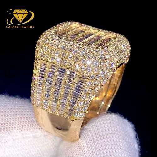 Real Iced Out Baguette Men Ring Hip Hop Bust Down Gold Plated 925 Sterling Silver Moissanite Diamond Fine Jewelry Custom Ring
