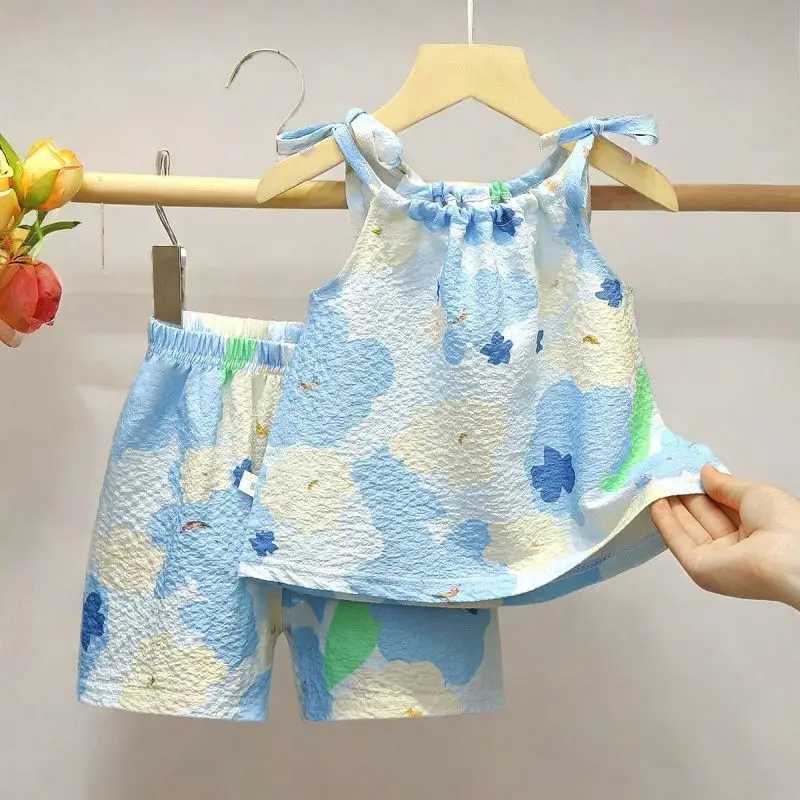 Childrens Girl 2-piece Fashion New Summer Sling Thin Top Loose Shorts Childrens Girl Cool SetXJ250410