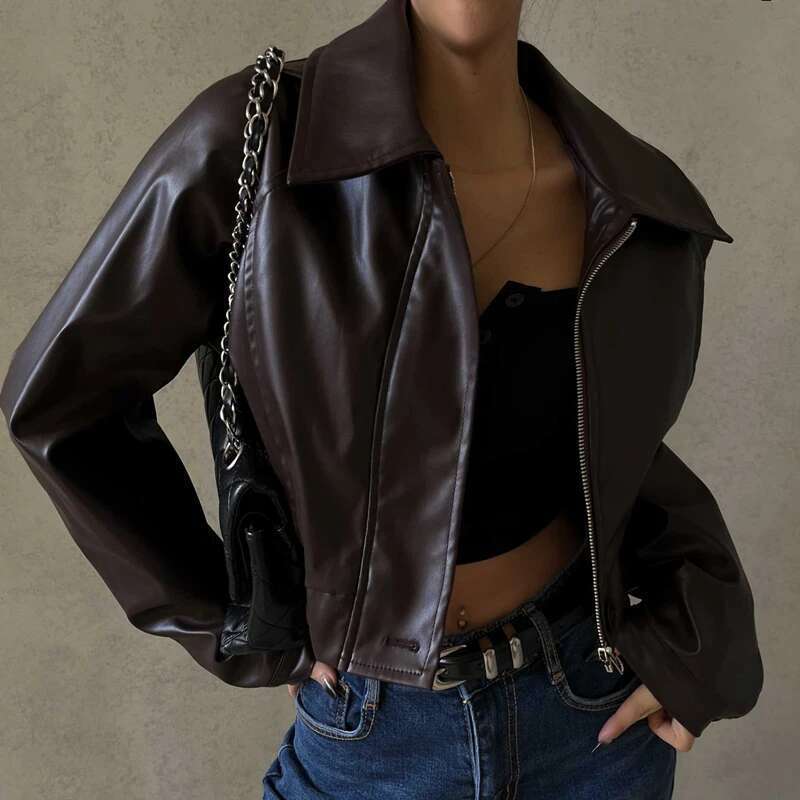 Xeemilo PU Faux Leather Jacket Aesthetic Fashion Streetwear Turn-Down Collar Coat Autumn Vintage Casual Simple Long Sleeve Coats