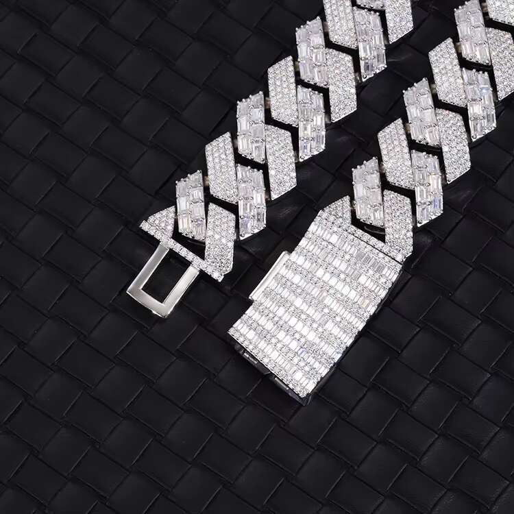 Custom Luxury 22mm Width Baguette Cuban Chain 925 Solid Silver Baguette Moissanite Cuban Link Chain Mans Hip Hop Necklace