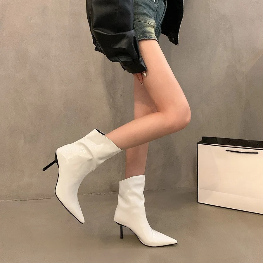 Autumn Winter Patent Leather Ankle Boots Fashion Shallow Thin High Heels Short Boots Pointed Toes White Bota Feminina 251110