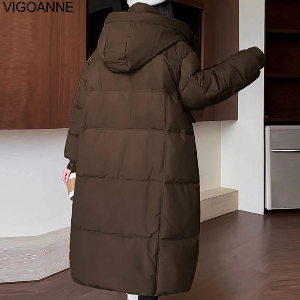 VigoAnne 2025 Loose Solid Hooded Down Long Coat Women Zipper Long Sleeve Pocket Winter Korean Jacket Lady Thick Warm Outwear 251107