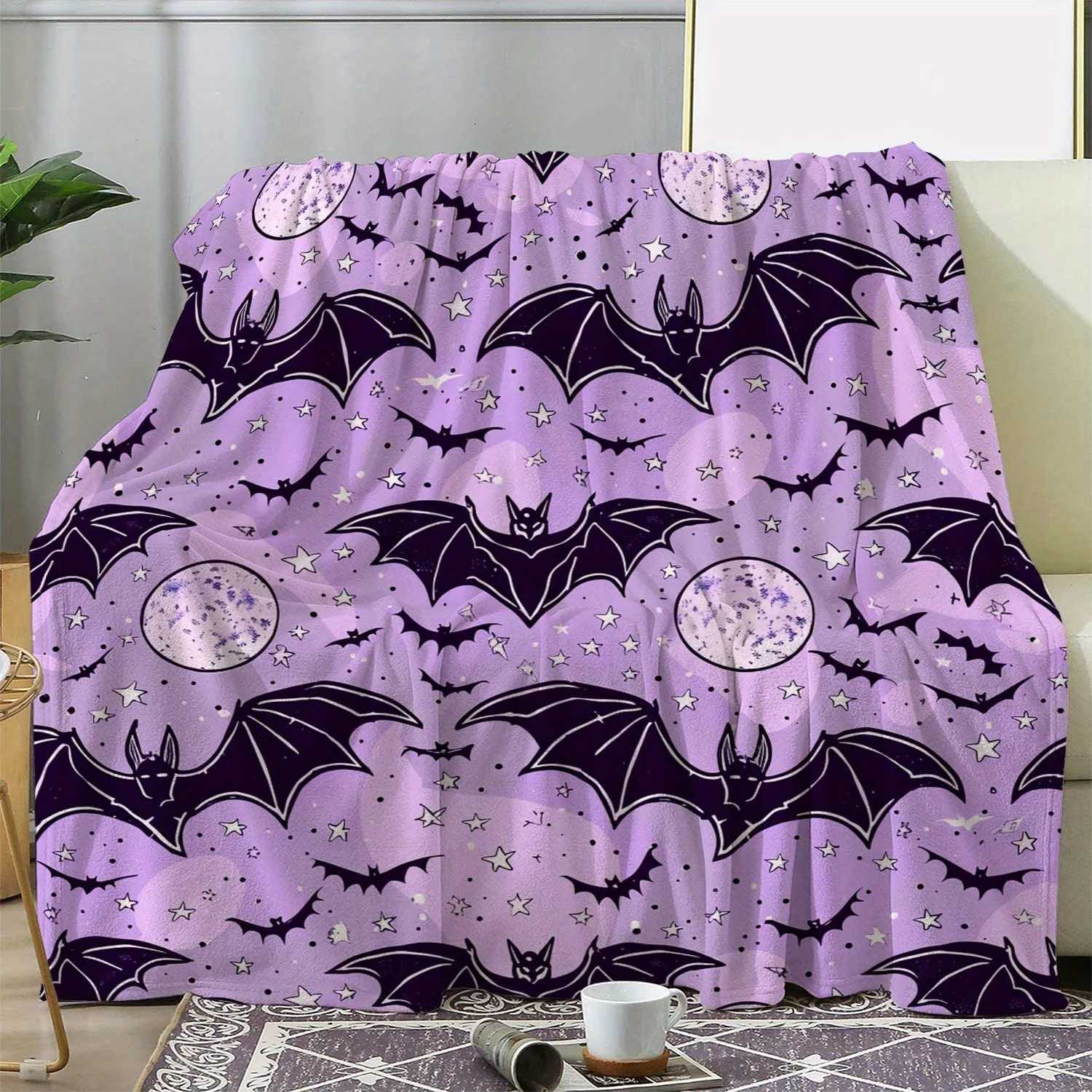 1pc Sdoo Halloween Flannel Blanket - Purple Vampire bats Gothic Print Stars - Soft Warm Throw for Couch Bed Camping Travel C251111