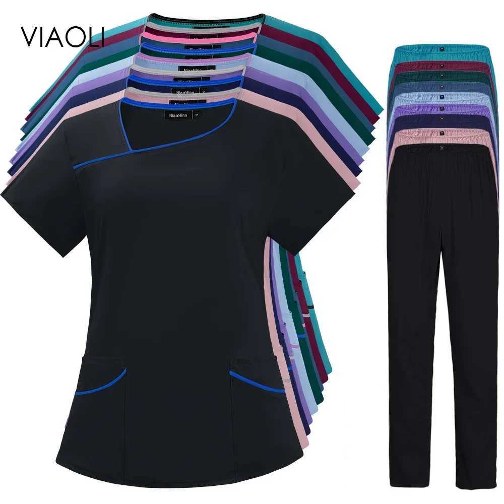 Solid color breathable care washer womens uniform elastic pet clinic nurses work clothes medical doctors thin clothes X250410