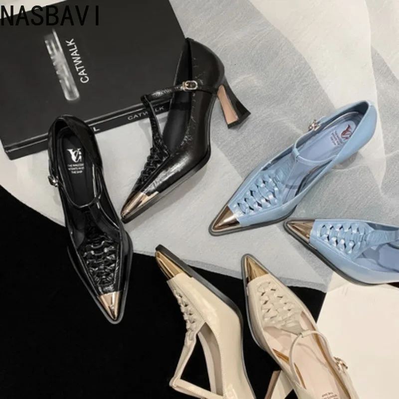 Vintage Polished Pointed Toe Women Cow Leather Pumps Thin Heels Pointed Toe Buckle Strap Big Size 34-40 Handmade 251110