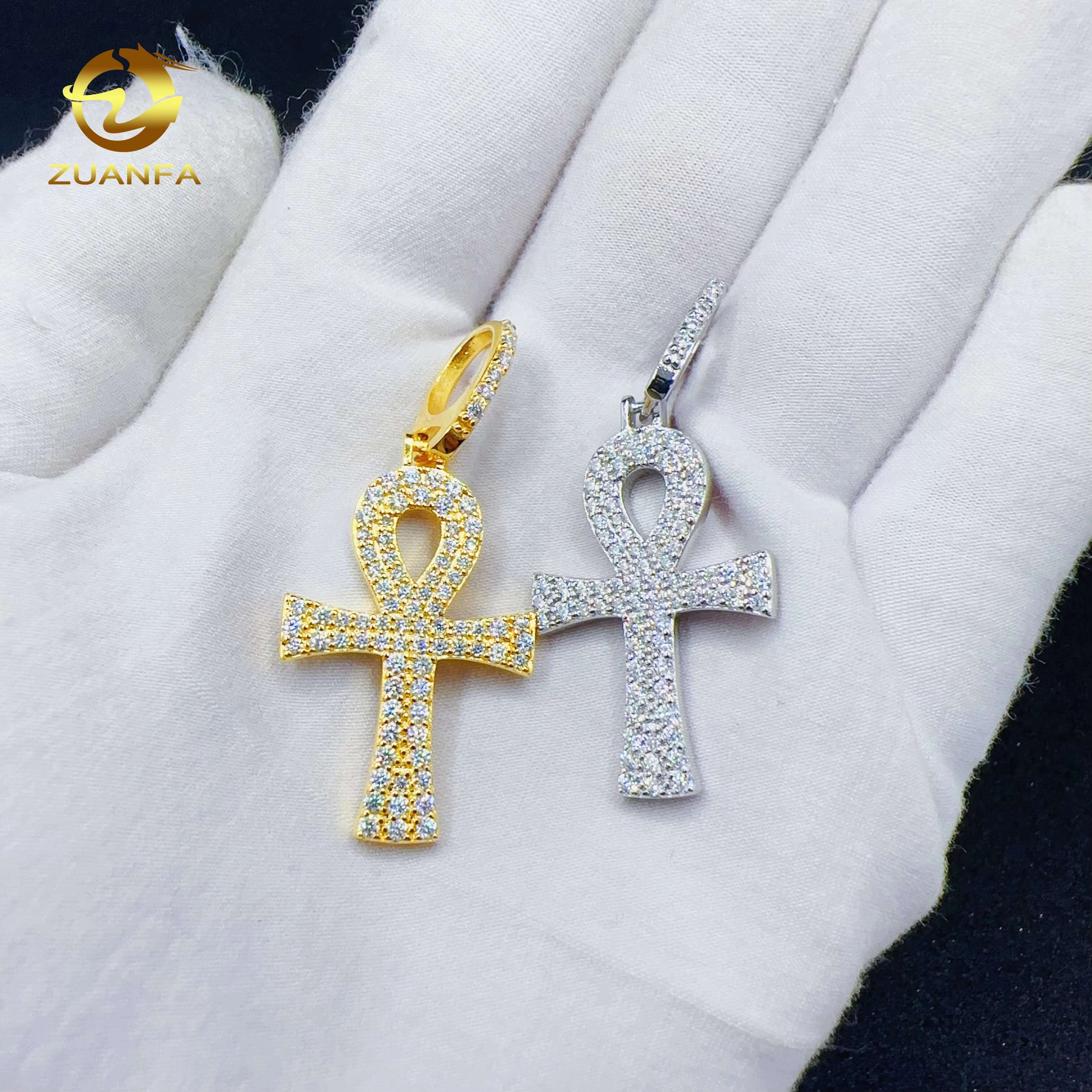 ZUANFA Jewelry 100% Pass Tester Hip Hop 925 Sterling Silver Cross Charm 2rows VVS Moissanite Pendant