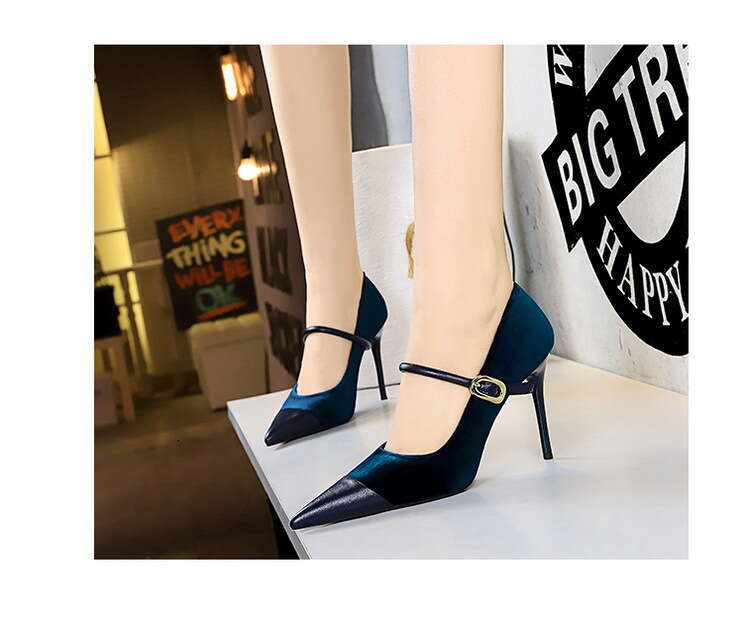34-43 Plus Designer Shoe Size 4 inch Navy blue High Heels Stiletto Suede Patchwork Pointed Toe strappy Shoes for women dressy