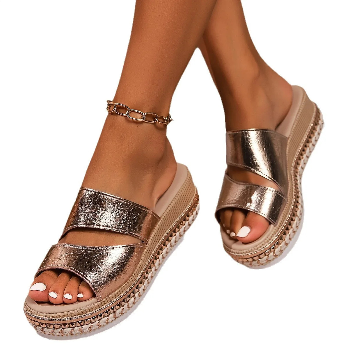 Summer Fashion Roman Open Wedge Sandals for Women Plus Size 43 Gold Thick Bottom High Heel Slippers 250408