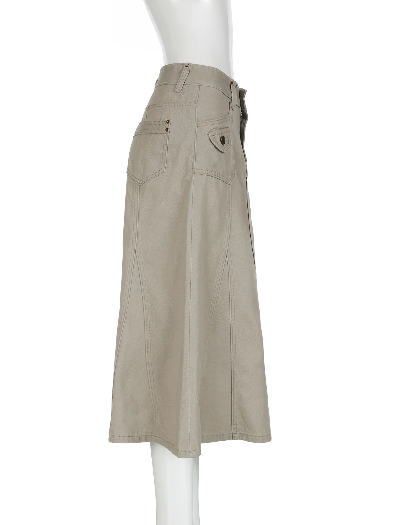 IAMSURE Safari style large pocket A-Line skiing casual slim mid waist long skirt for women summer fashion streetwear for women 250408