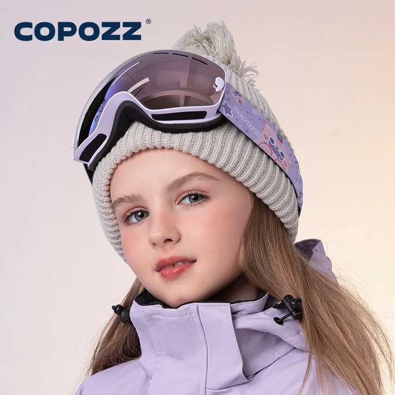 COPOZZ 4-15 years old Kids Ski Goggles Anti-fog Children Snowboard Goggles Double UV400 Skiing Mask Glasses with Cartoon Straps K251110