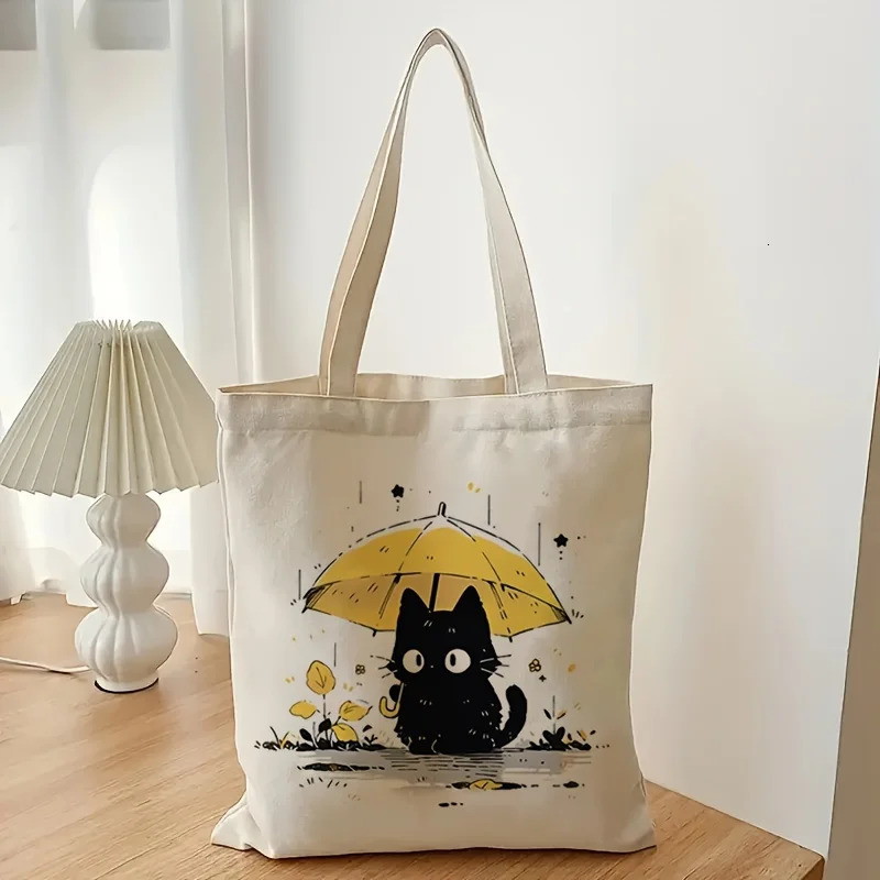 Casual Canvas Tote Bag with Cute Cat Print Reusable Animal Printed Shopper Fixed Shoulder HighCapacity for Shopping 251110