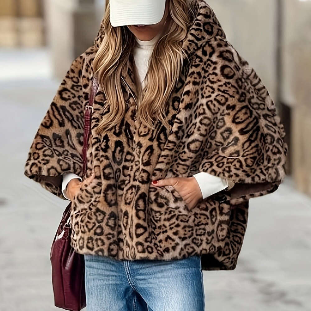 Women's - Long Sleeve Non-Stretch Elegant Zipper Closure Coat Everyday & Events, All-Season Chic Outerwear For Women, Leopard Print Jacket, Forma