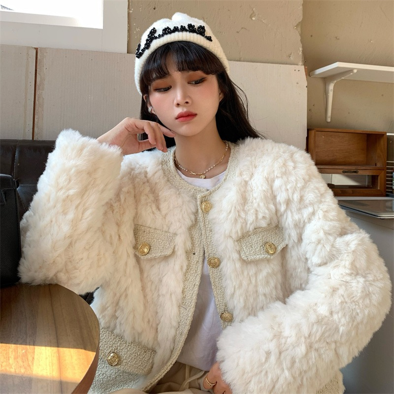 Designer Women's Jackets Small Fragrance Coats Solid Color Turn Down Collar Long Sleeve Pockets Lamb Wool Short Winter All Match Clothing