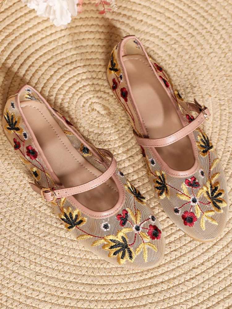 Floral Embroidery Mesh Mary Janes Shoes Womens Trasspare Elegant Flat Shoes Womens Casual Summer Breathable Loafers ShoesXJ250410