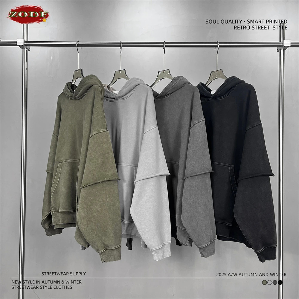 ZODF Autumn Mens Washed Heavy Weight Cotton Hoodies Unisex Retro 2 Peice 430gsm Loose Edge Hooded Pullovers HY1082 251110