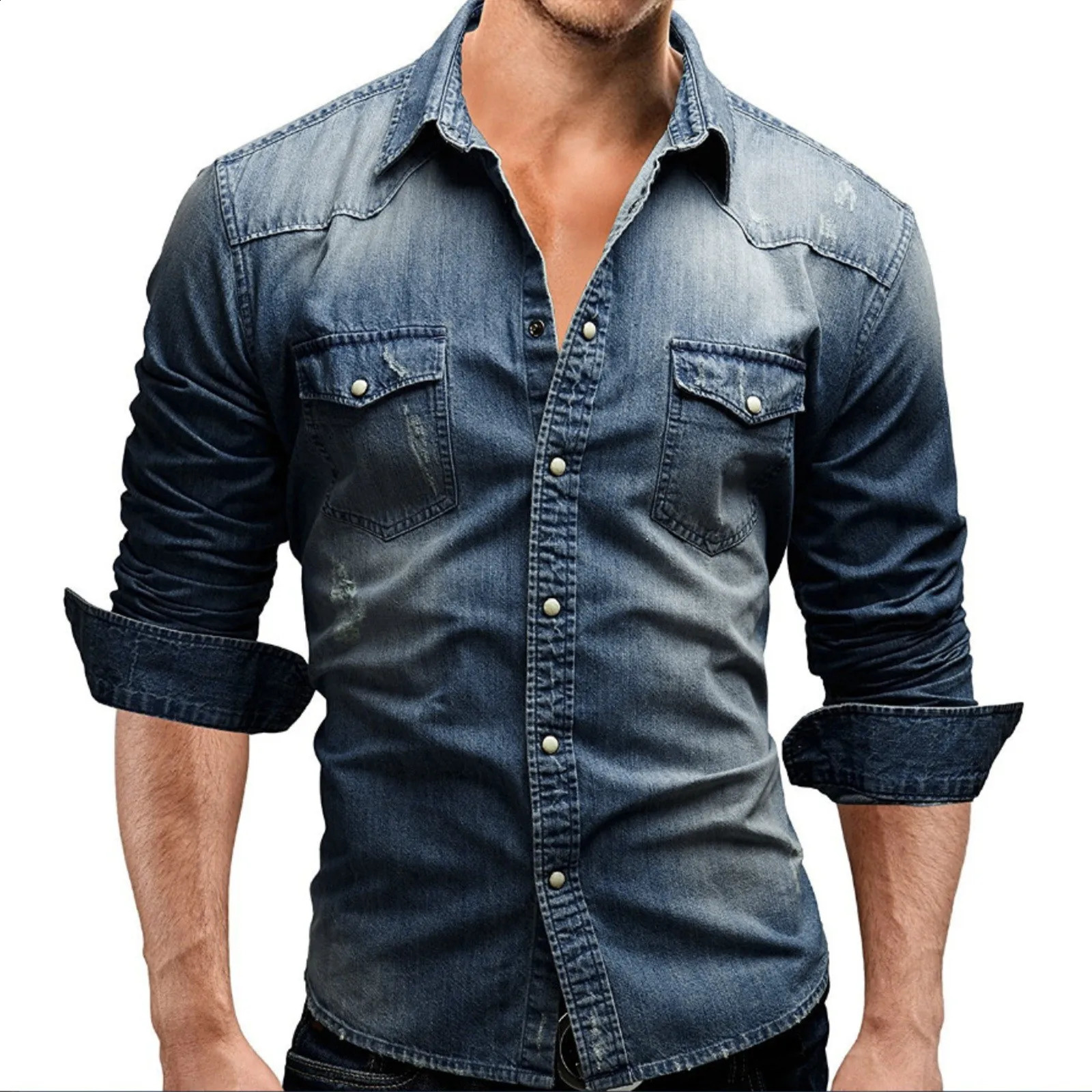 Mens autumn fashion clothing casual long sleeved lapel shirt solid color denim wash mens top 250411e
