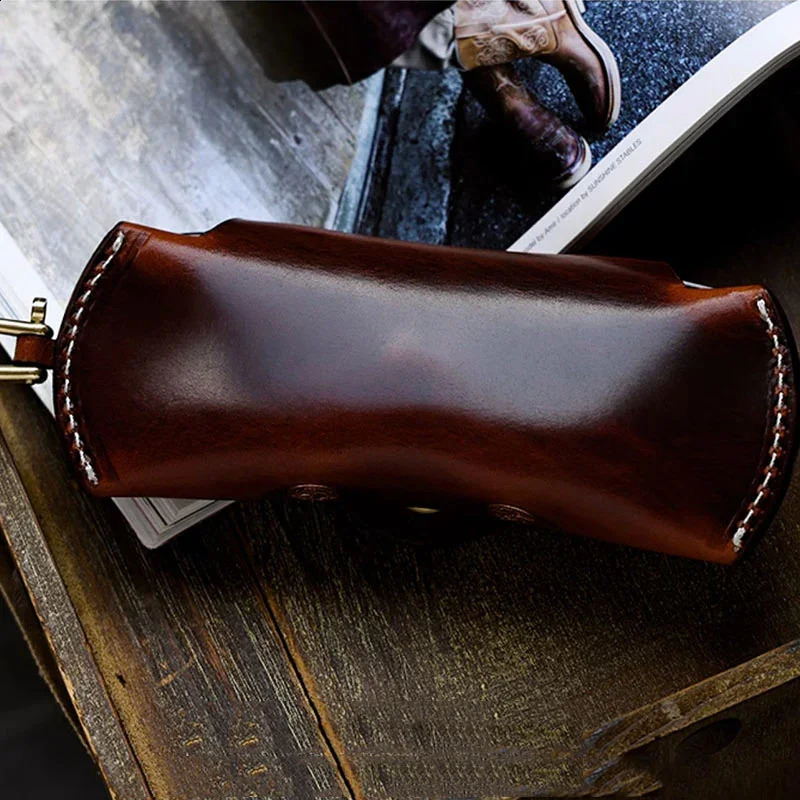 First layer denim leather glasses case low beam glasses for men and women portable hanging rope storage box Tanned 250409