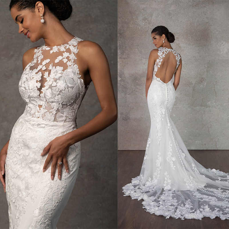 Lace Mermaid Wedding Dress Boho Jewel Neck Appliques Bridal Gowns Customized Sexy Backless Bride Dress