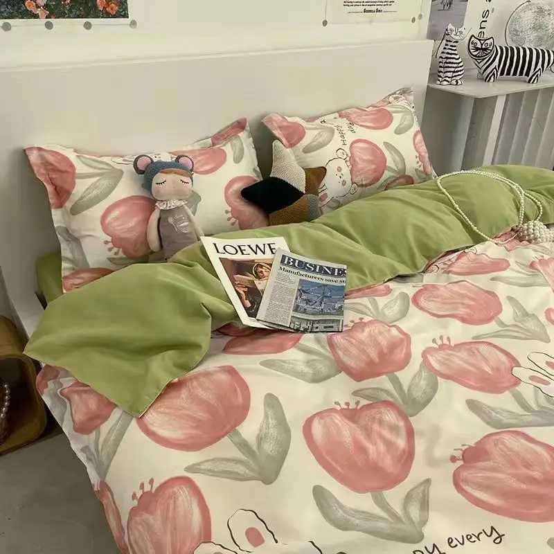 INS Nordic Pink Letter Bedding Set Four Pieces Quilt Cover Girls Women Autumn Winter Single Twin Full Queen Size Duvet Cover Set luxury designer H2511