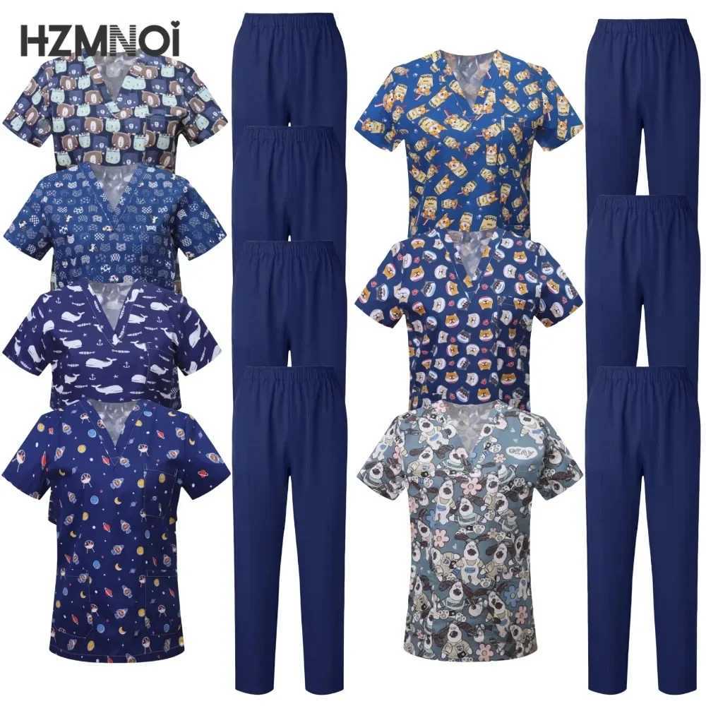 Surgical Uniforms Woman Printing Blouse Pockets Pants Medical Scrub Set Beauty Sn Workwear Clinical Scrubs Top+Pants Spa Suit X2504101