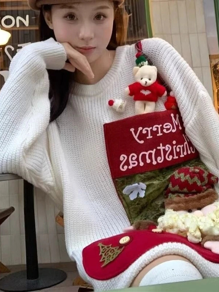 Fashion Vintage Christmas Sweater Lazy Thicken Long Sleeve Pullover Coat in Autumn Winter Cartoon 3D Decoration Sweater 251106