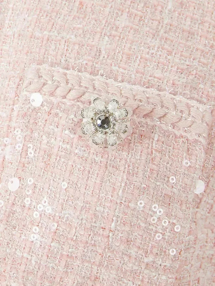 QMQA Fashion Womens Elegant 2 Pcs Set O Neck Short Sleeve Sequins Tweed Belt Coat High Waist Pleated Skirts Sets 1A115 251106