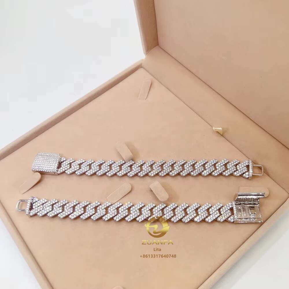 Fine Jewelry Sparkle 15mm Two Rows Diamond Iced Charm Cuban Link Chain 925 Silver Vvs Moissanite Bracelet