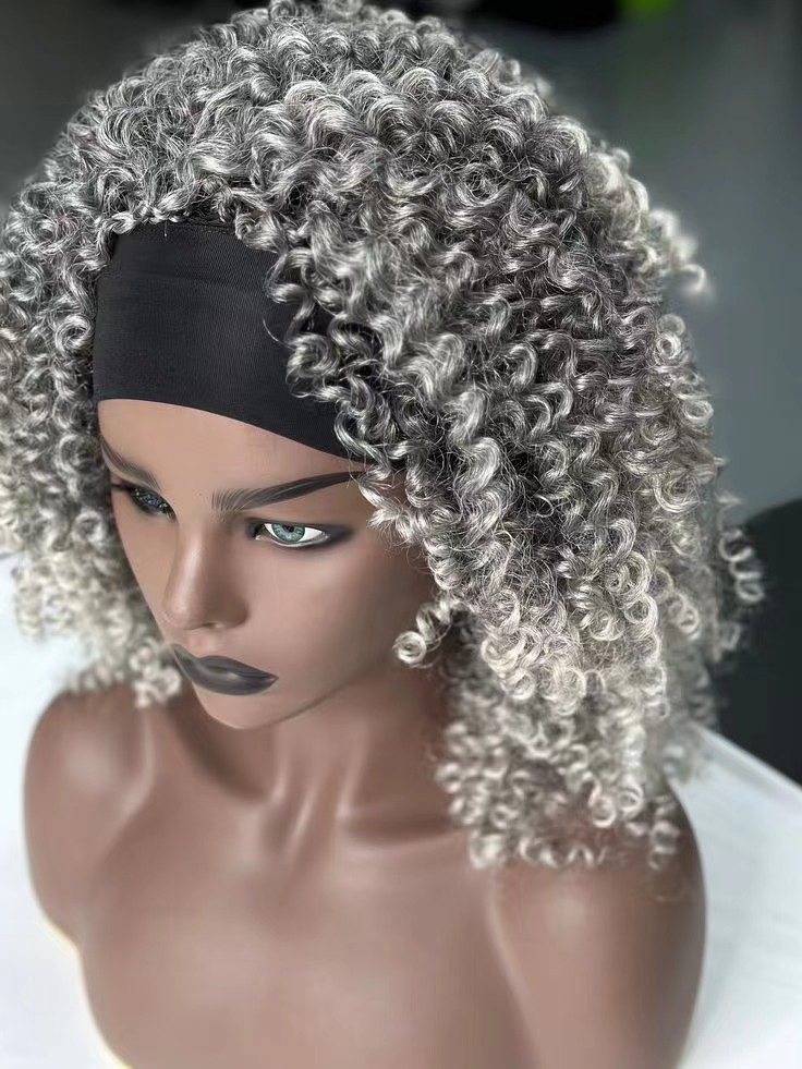 10" tight curl grey headband wig light silver gray human hair salt and pepper natural highlights two tone mixed