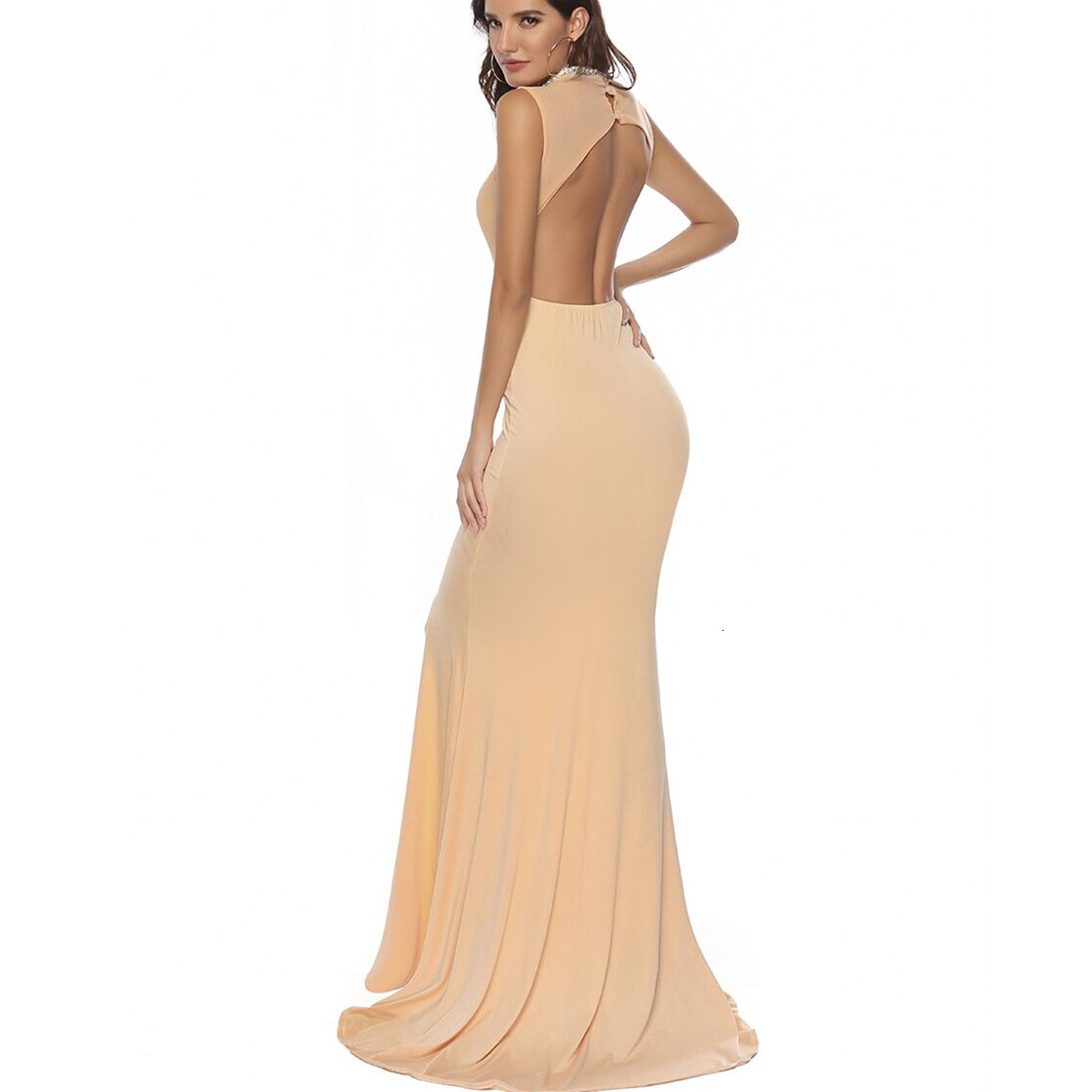 Women's dress with patchwork and diamond embellishments, backless trailer, evening dress, banquet length, women