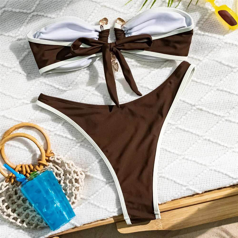 Brown Bandeau Sets 2025 Sexy Swimsuit Women Contrast Color Swimwear Metal Buckle High Cut Bathing Suit Bikinis De Mujer