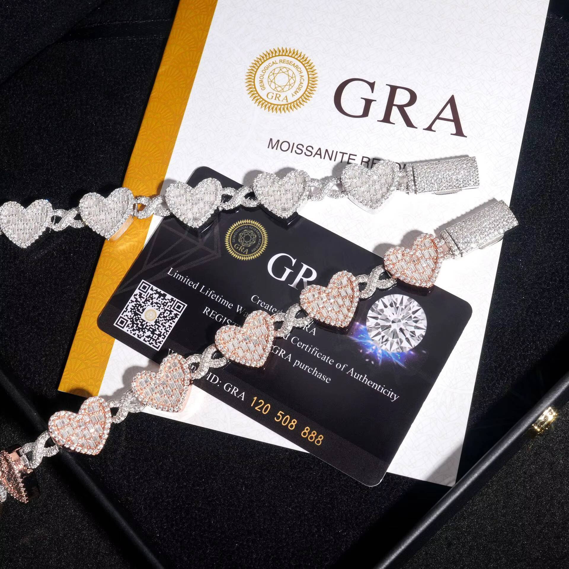 Sterling Silver Iced Out Moissanite Bracelet Baguette Heart Cuban Bangles Elegant Necklaces Chain with Heart