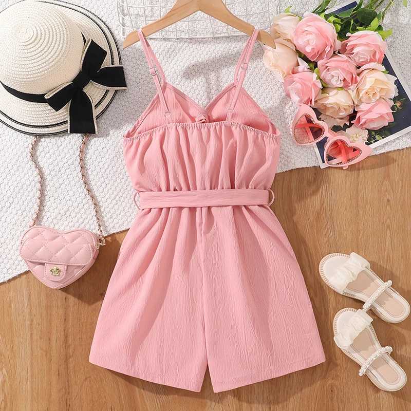 Childrens jumpsuit 8-12 years summer pink sleeveless open work belt short jumpsuit cute girl jumpsuit beach Par travel suitXJ250410