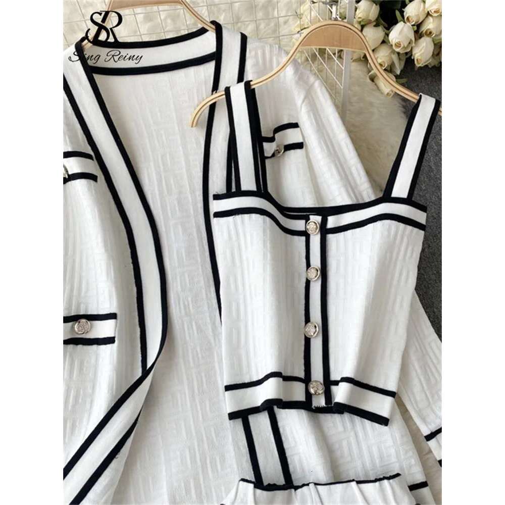 SINGREINY Autumn Knitwear 3Pc Sets Long Sleeves Cardigan+Single Breasted Spaghetti Strap+High Waist Elastic Shorts Casual Suits