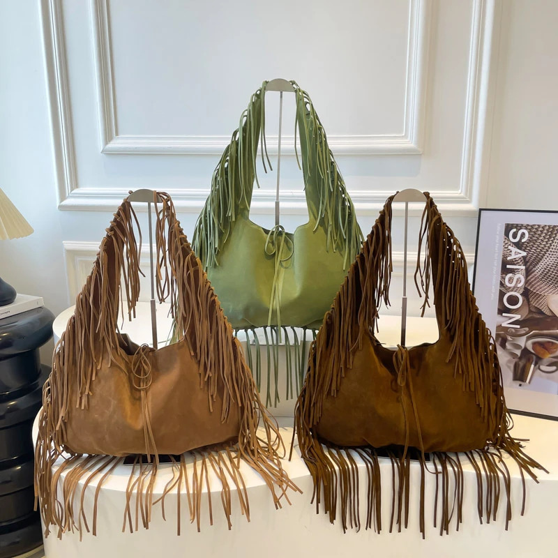 Tassel Large Capacity Ethnic Shoulder Bags Summer Vacation Womens Handbags Solid Color Faux Suede Bags for Women 251110