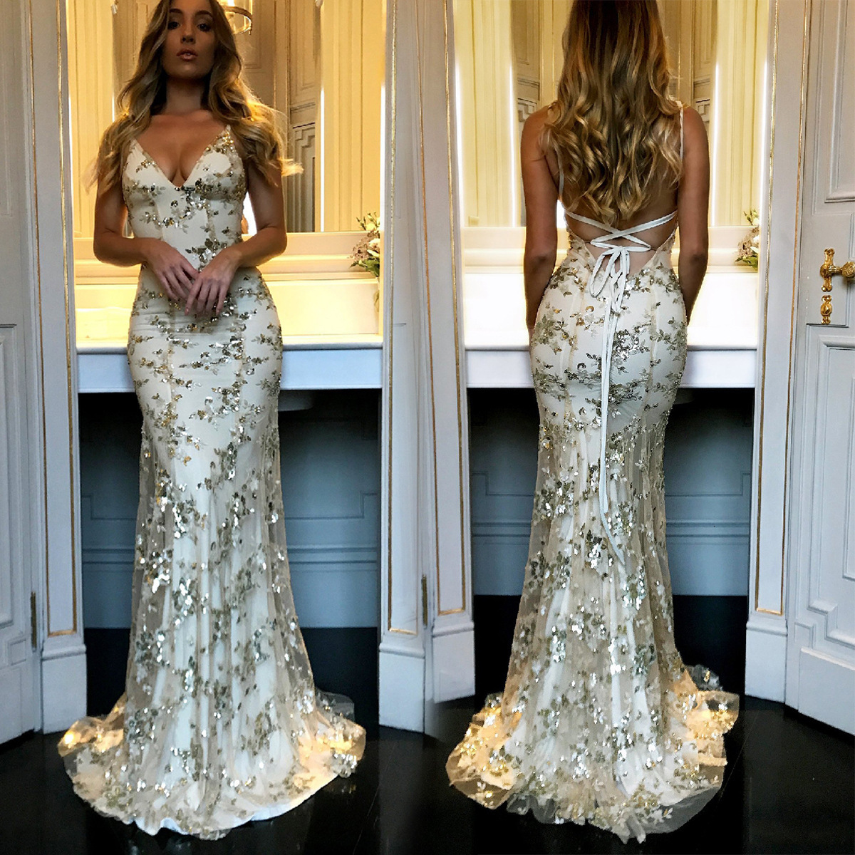 High end extended sequin mesh slimming tail sexy backless dress long skirt